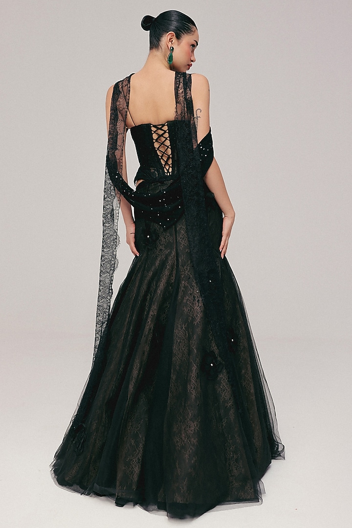 Black Tulle Floral Embroidered Mermaid Skirt Set by The little black bow at Pernia's Pop Up Shop