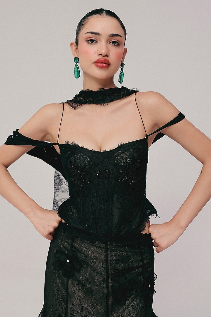 Black Tulle Floral Embroidered Mermaid Skirt Set by The little black bow at Pernia's Pop Up Shop