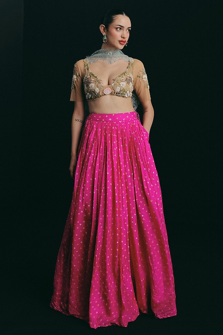 Pink Handwoven Silk Bandhani High-Waist Skirt Set by The little black bow at Pernia's Pop Up Shop