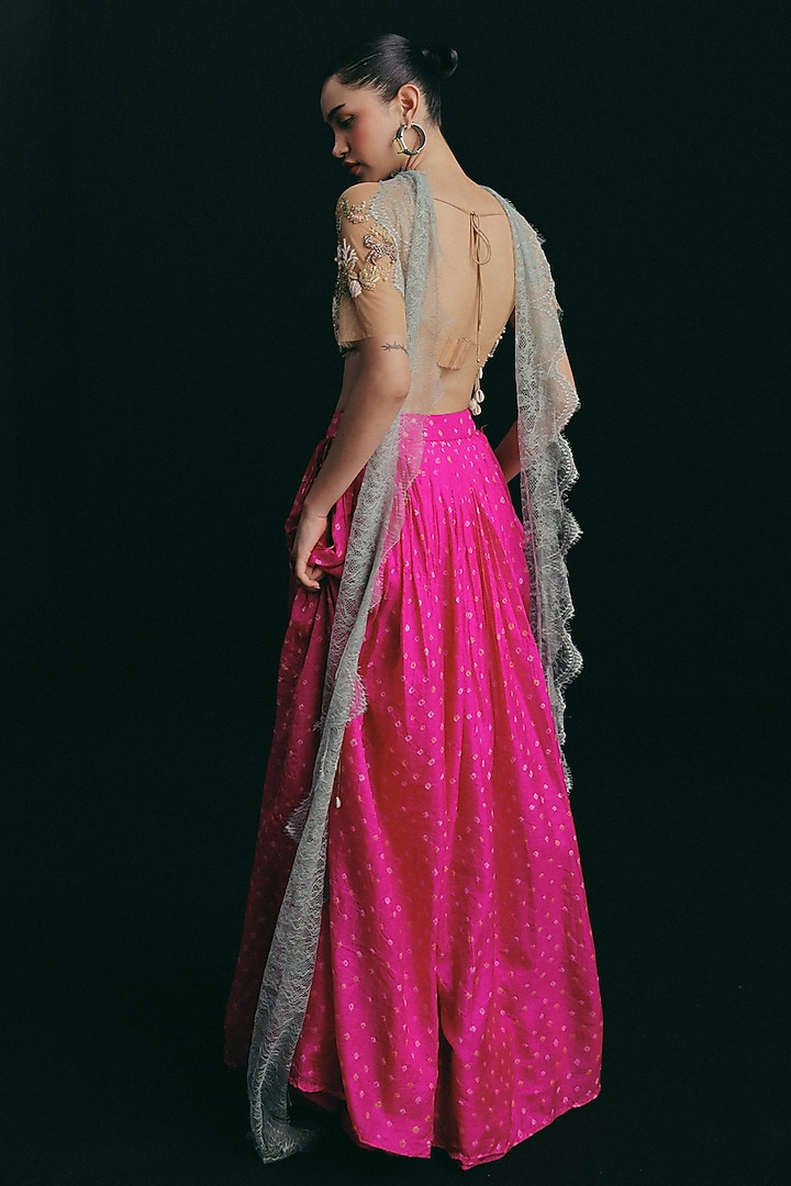 Pink Handwoven Silk Bandhani High-Waist Skirt Set by The little black bow at Pernia's Pop Up Shop