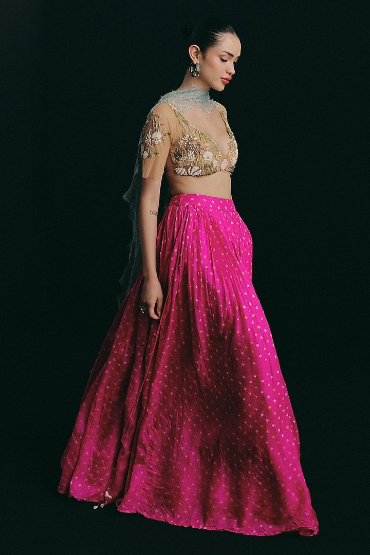 Pink Handwoven Silk Bandhani High-Waist Skirt Set by The little black bow at Pernia's Pop Up Shop