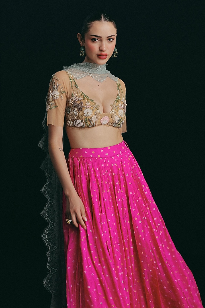 Pink Handwoven Silk Bandhani High-Waist Skirt Set by The little black bow at Pernia's Pop Up Shop