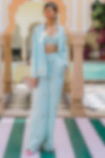 Ice Blue Handwoven Silk Embroidered Trouser Set by The Little Black Bow at Pernia's Pop Up Shop