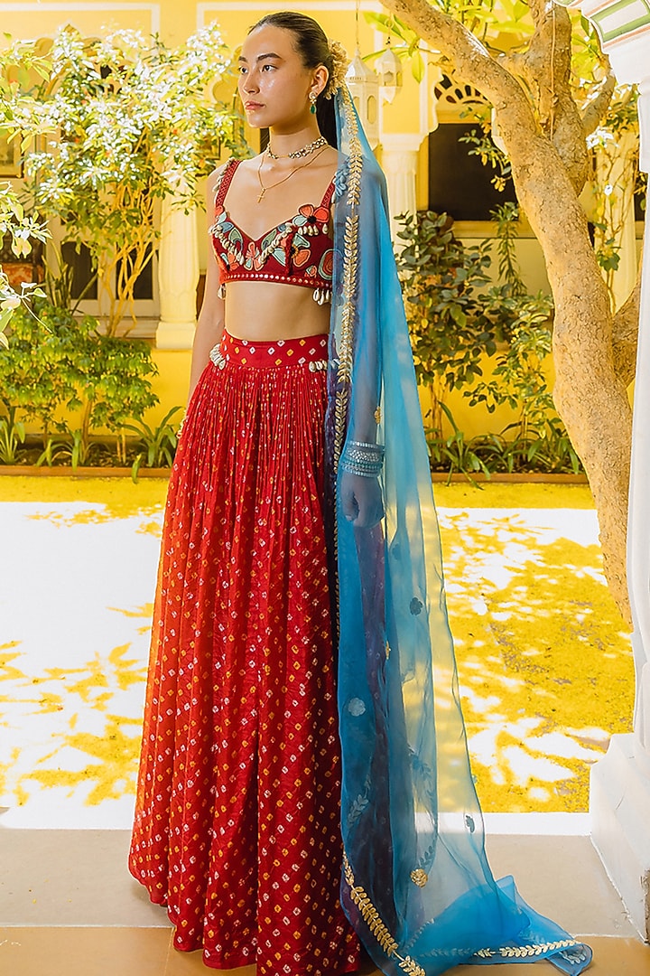 Red Handwoven Silk Bandhani Wedding Lehenga Set by The Little Black Bow at Pernia's Pop Up Shop