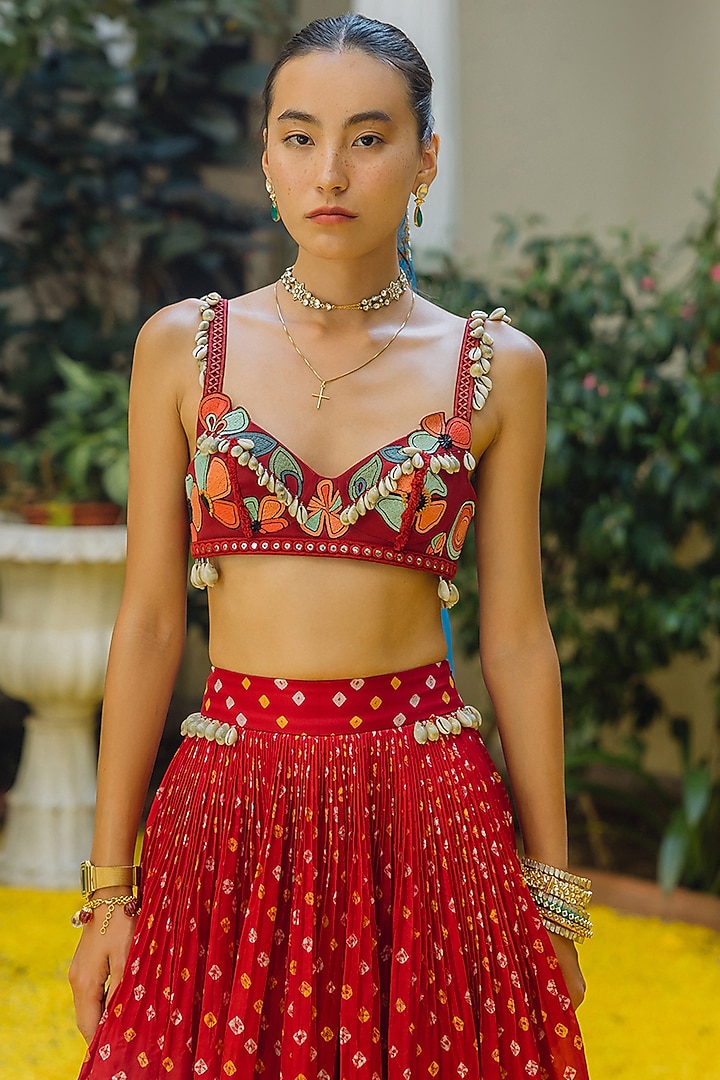 Red Handwoven Silk Bandhani Wedding Lehenga Set by The Little Black Bow at Pernia's Pop Up Shop
