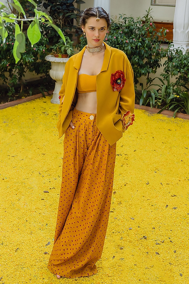 Mustard Handwoven Silk Hand Embroidered Oversized Jacket Set by The Little Black Bow