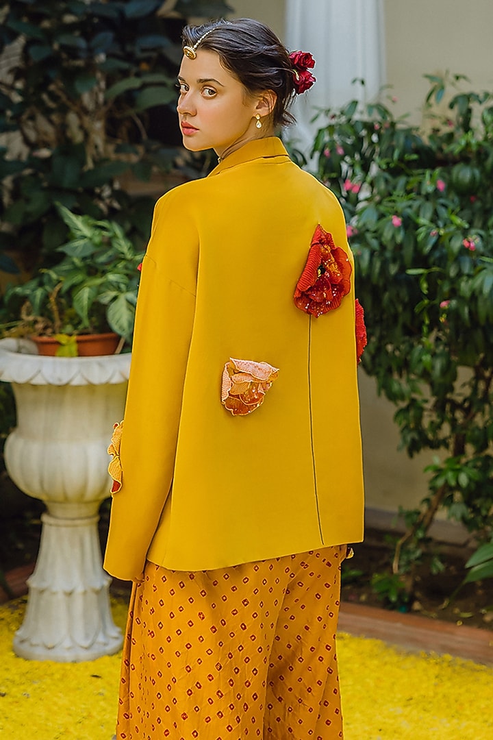 Mustard Handwoven Silk Hand Embroidered Oversized Jacket Set by The Little Black Bow at Pernia's Pop Up Shop