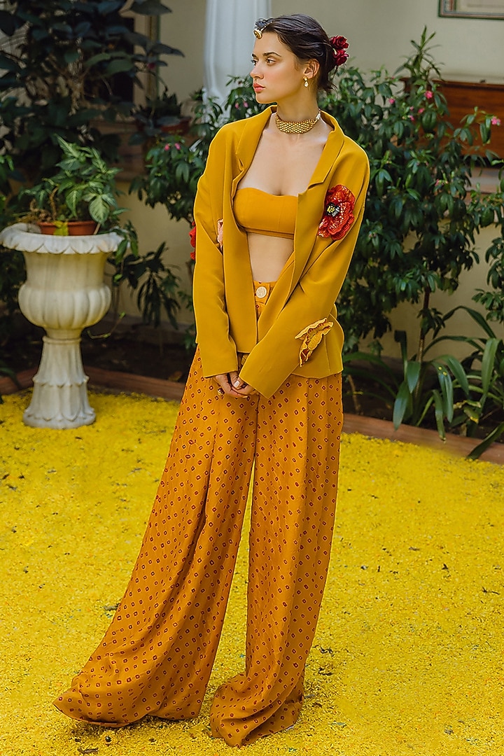 Mustard Handwoven Silk Hand Embroidered Oversized Jacket Set by The Little Black Bow at Pernia's Pop Up Shop