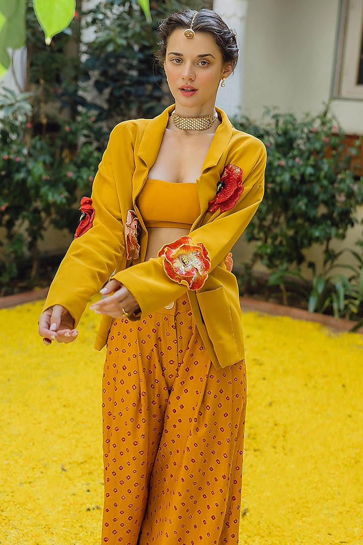 Mustard Handwoven Silk Hand Embroidered Oversized Jacket Set by The Little Black Bow at Pernia's Pop Up Shop