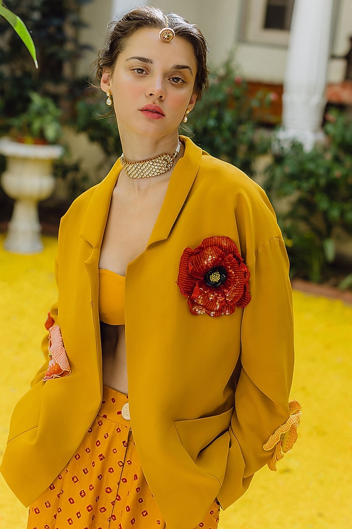 Mustard Handwoven Silk Hand Embroidered Oversized Jacket Set by The Little Black Bow at Pernia's Pop Up Shop