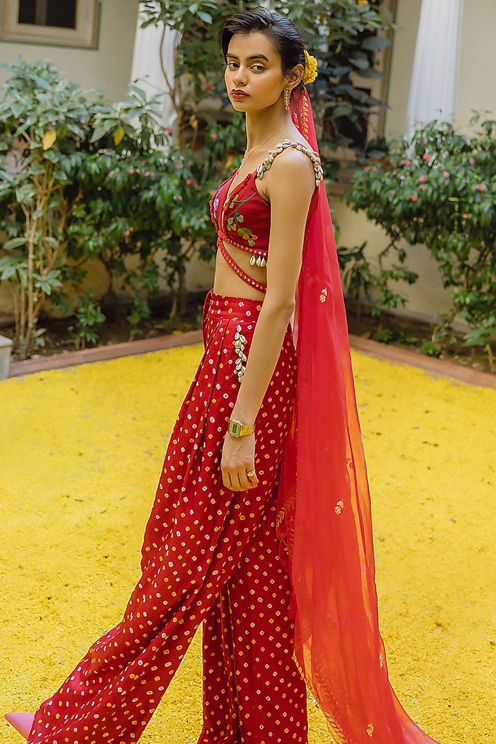 Red Handwoven Silk Bandhani Trouser Set by The Little Black Bow at Pernia's Pop Up Shop