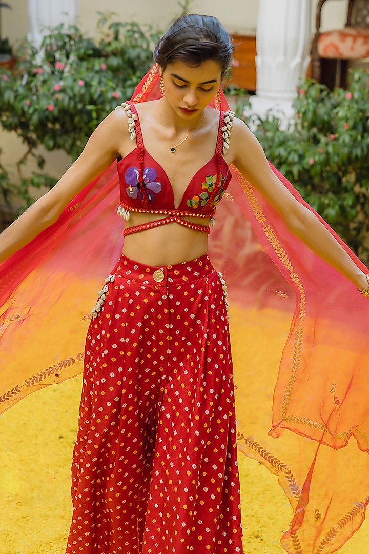 Red Handwoven Silk Bandhani Trouser Set by The Little Black Bow at Pernia's Pop Up Shop