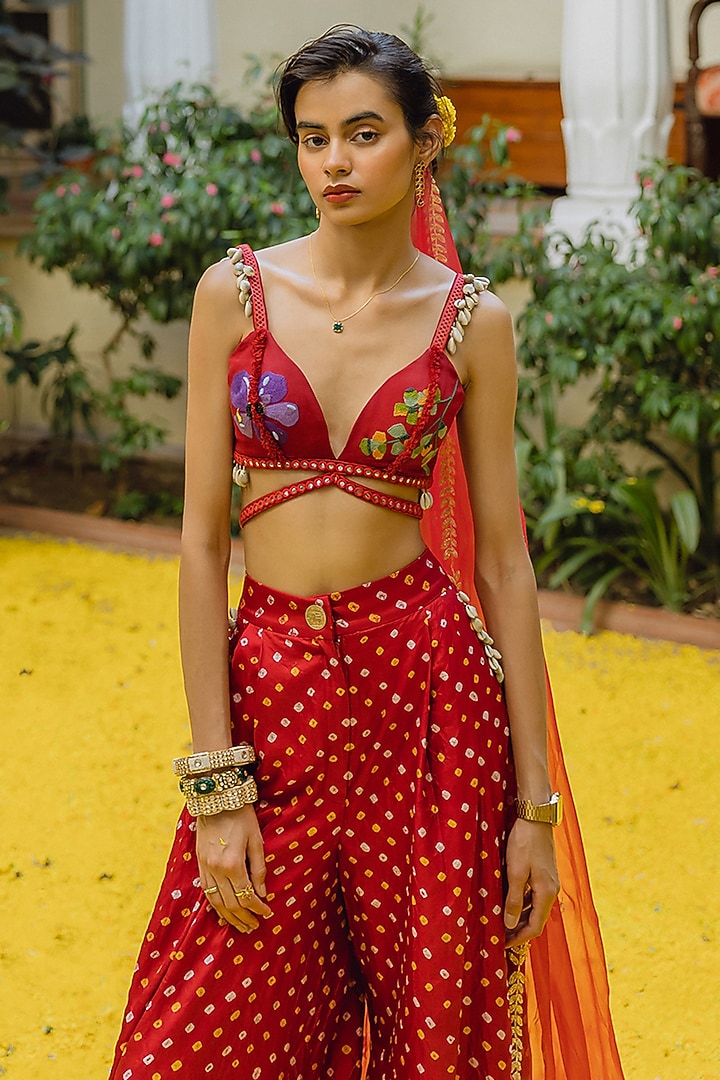 Red Handwoven Silk Bandhani Trouser Set by The Little Black Bow at Pernia's Pop Up Shop