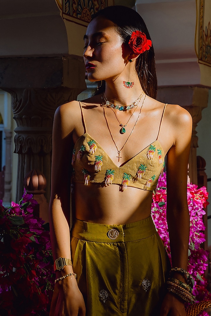 Olive Green Handwoven Silk Embroidered Trouser Set by The Little Black Bow at Pernia's Pop Up Shop