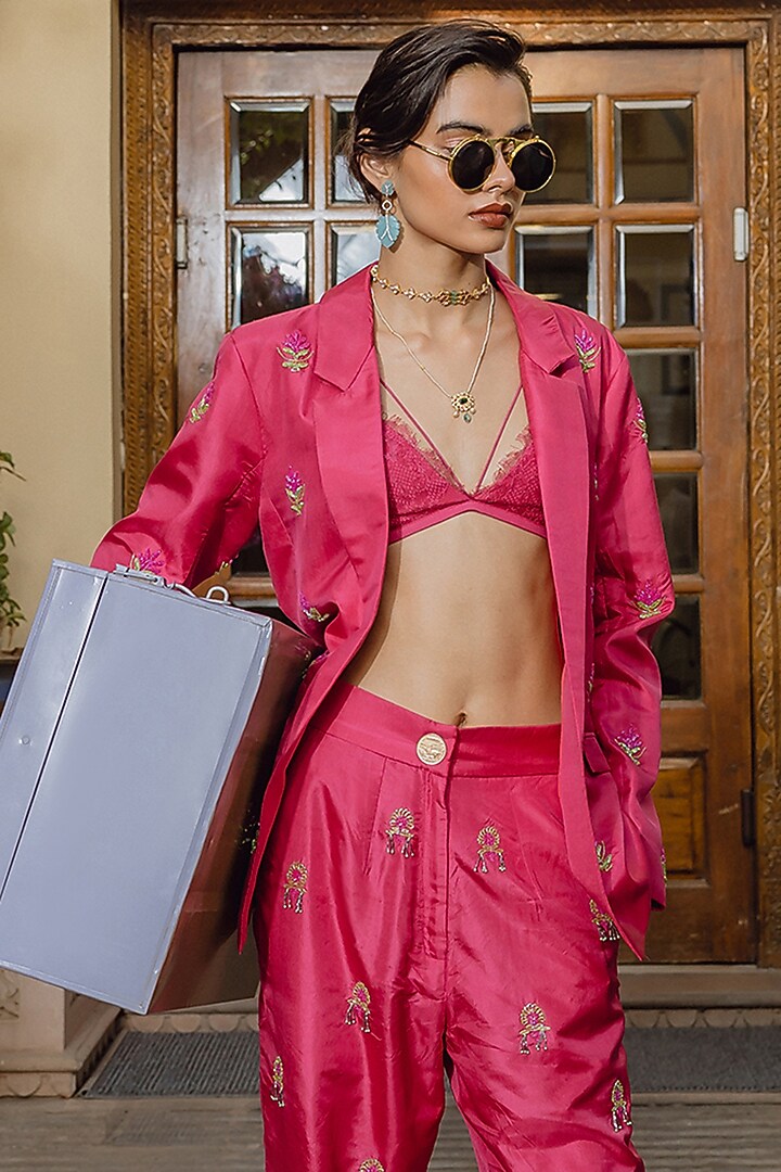 Magenta Handwoven Silk Floral Embroidered Oversized Jacket Set by The Little Black Bow at Pernia's Pop Up Shop