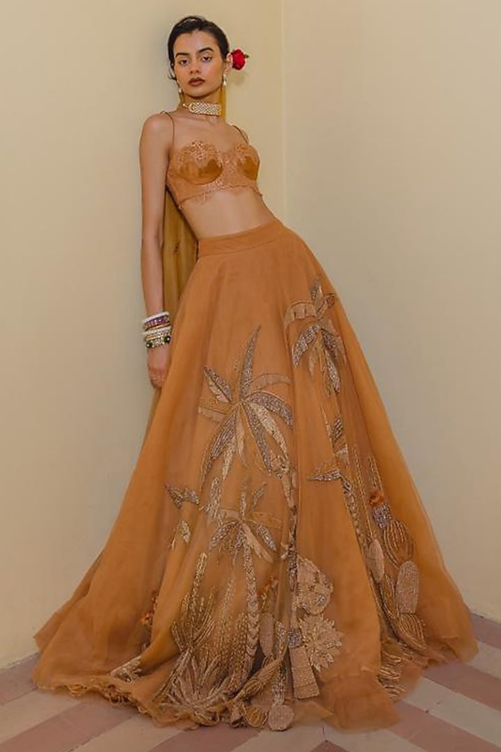 Clay Tulle Bead Embroidered Bridal Lehenga Set by The Little Black Bow at Pernia's Pop Up Shop