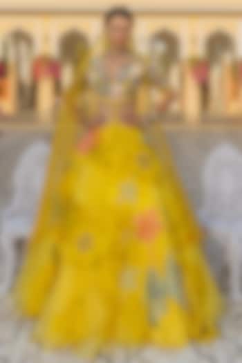 Yellow Organza Floral Embroidered Bridal Lehenga Set by The Little Black Bow at Pernia's Pop Up Shop