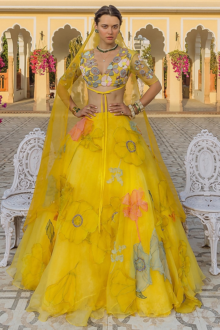 Yellow Organza Floral Embroidered Bridal Lehenga Set by The Little Black Bow at Pernia's Pop Up Shop