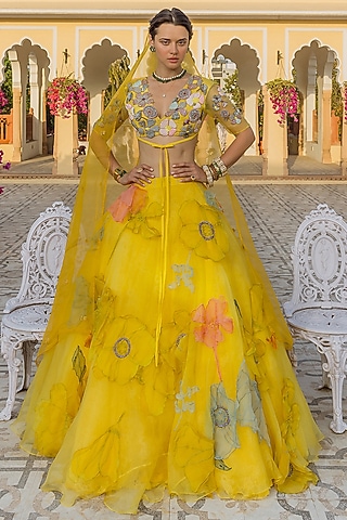 Yellow Organza Floral Embroidered Lehenga Set by The Little Black Bow