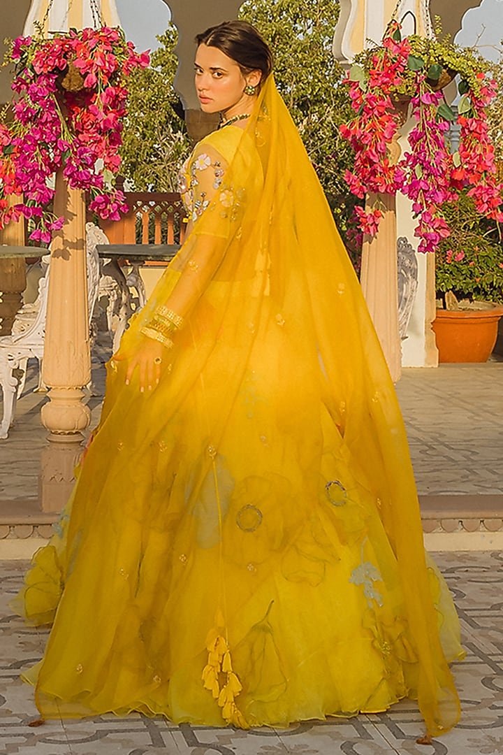 Yellow Organza Floral Embroidered Bridal Lehenga Set by The Little Black Bow at Pernia's Pop Up Shop