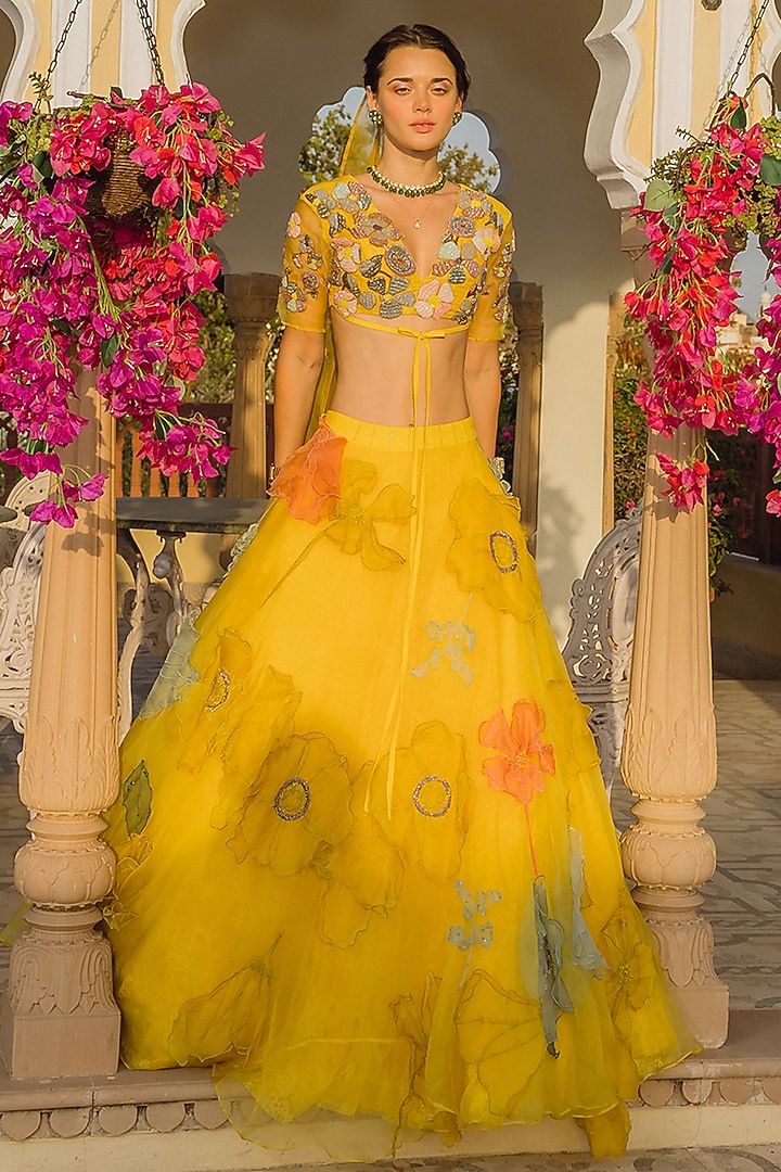 Yellow Organza Floral Embroidered Bridal Lehenga Set by The Little Black Bow at Pernia's Pop Up Shop