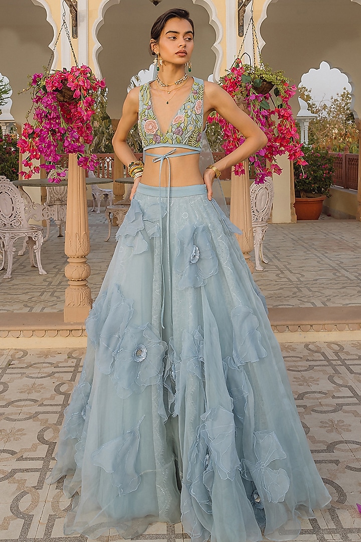 Blue Organza Floral Applique Embroidered Bridal Lehenga Set by The Little Black Bow at Pernia's Pop Up Shop