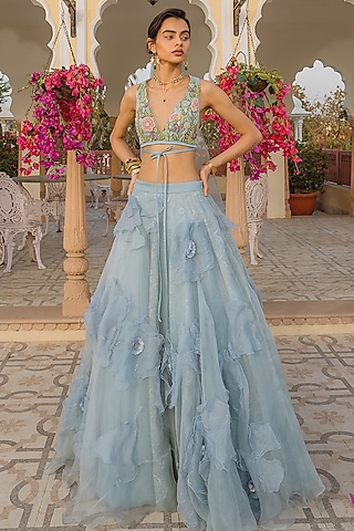 Blue Organza Floral Applique Embroidered Lehenga Set by The Little Black Bow