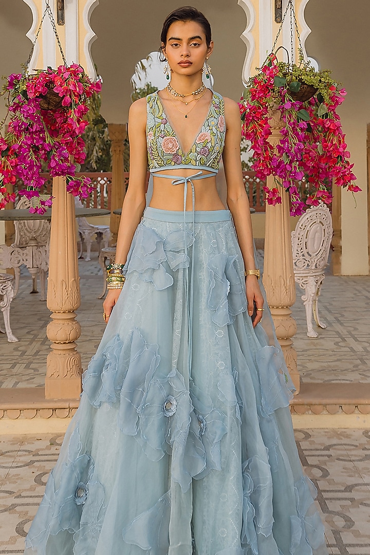 Blue Organza Floral Applique Embroidered Bridal Lehenga Set by The Little Black Bow at Pernia's Pop Up Shop