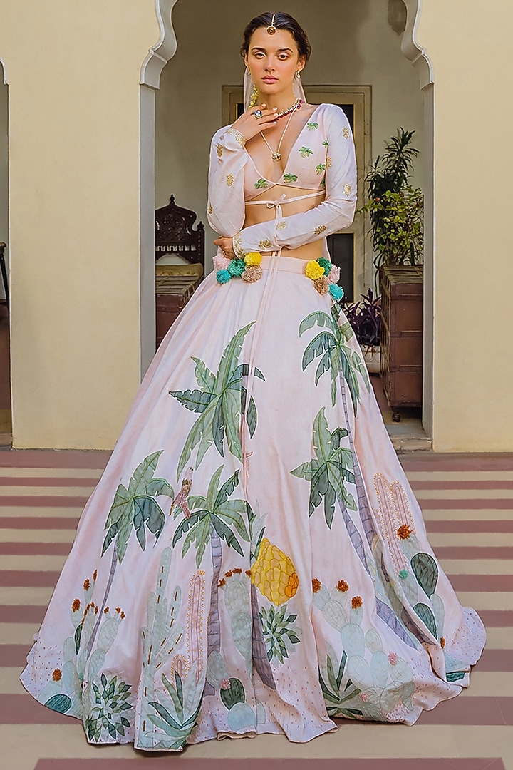 Pink Handwoven Raw Silk Applique Embroidered Bridal Lehenga Set by The Little Black Bow at Pernia's Pop Up Shop
