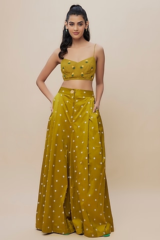Green Silk Satin Embroidered Pant Set by The Little Black Bow