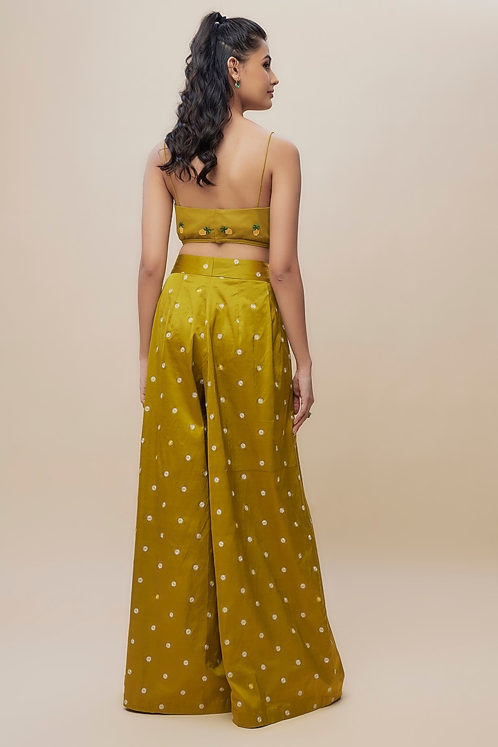 Green Silk Satin Embroidered Pant Set by The Little Black Bow at Pernia's Pop Up Shop