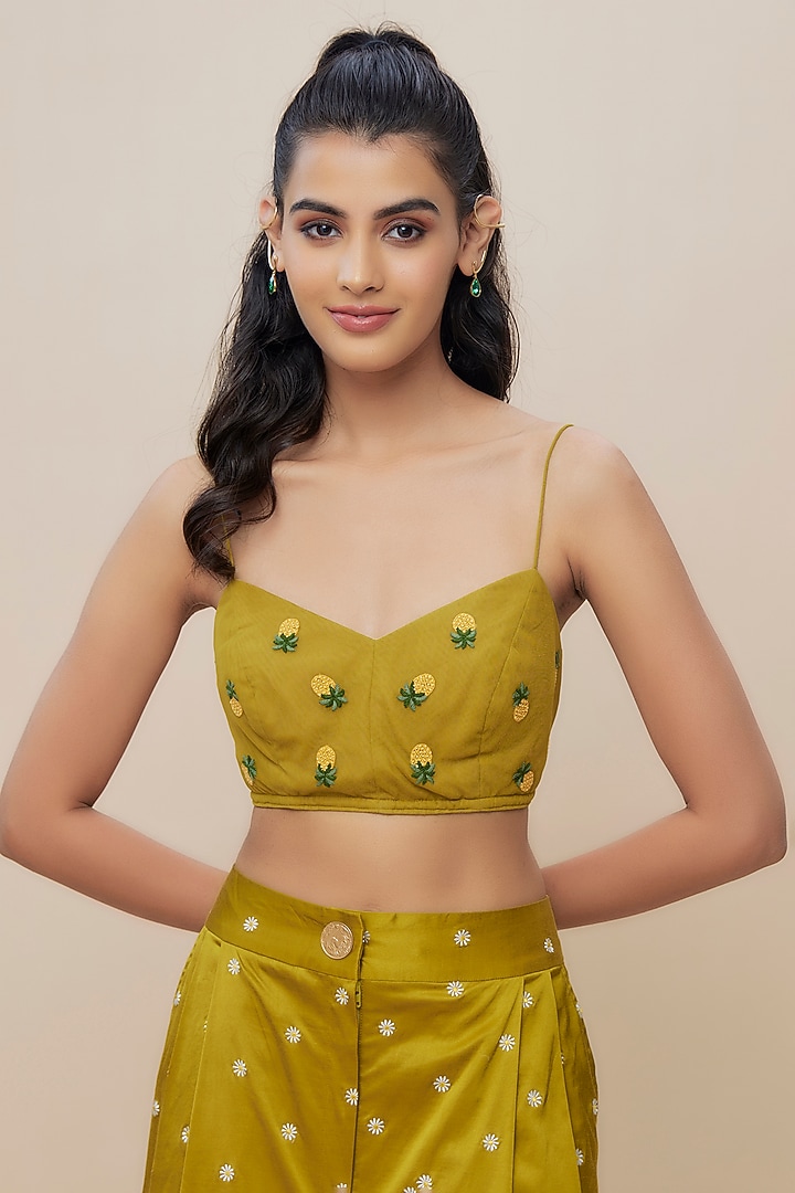 Green Silk Satin Embroidered Pant Set by The Little Black Bow at Pernia's Pop Up Shop