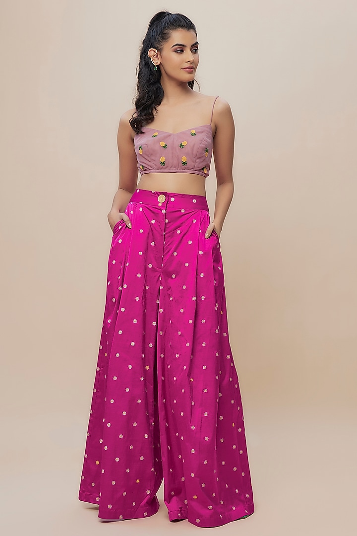 Pink Silk Satin Embroidered Pant Set by The Little Black Bow at Pernia's Pop Up Shop