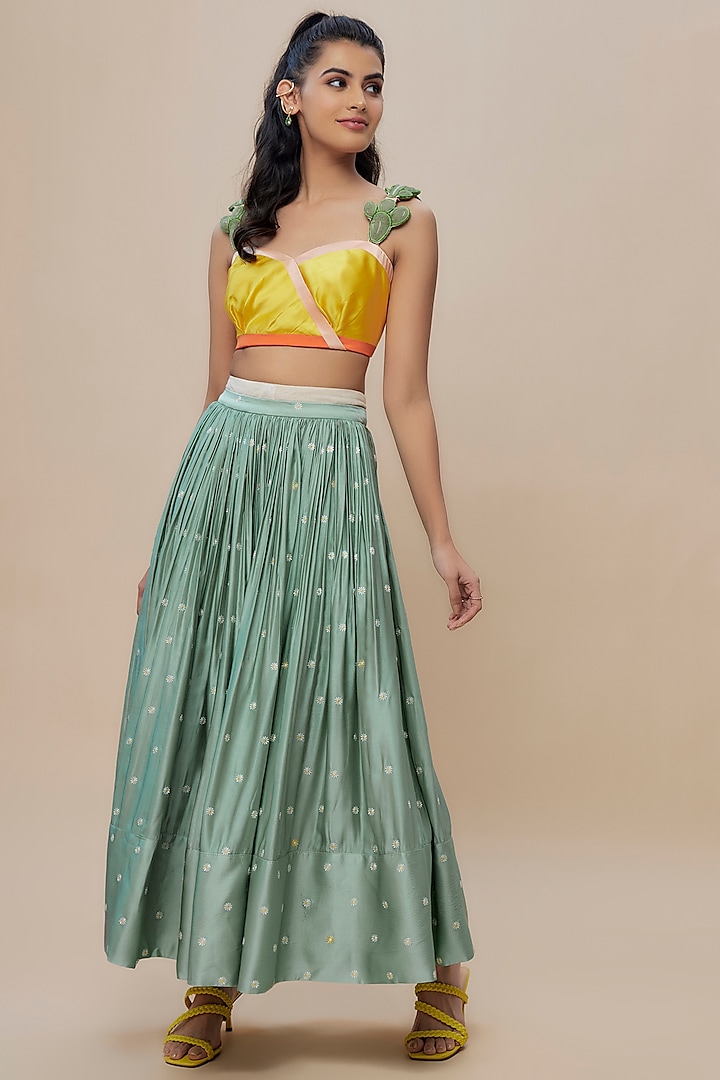 Slate Mint Handwoven Silk Hand Embroidered Skirt Set by The Little Black Bow at Pernia's Pop Up Shop