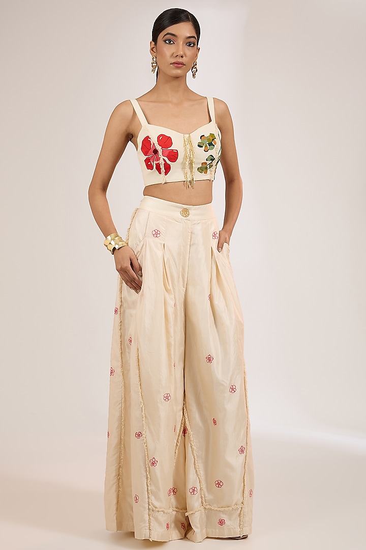 Ivory Handwoven Silk Hand Embroidered Pant Set by The Little Black Bow at Pernia's Pop Up Shop