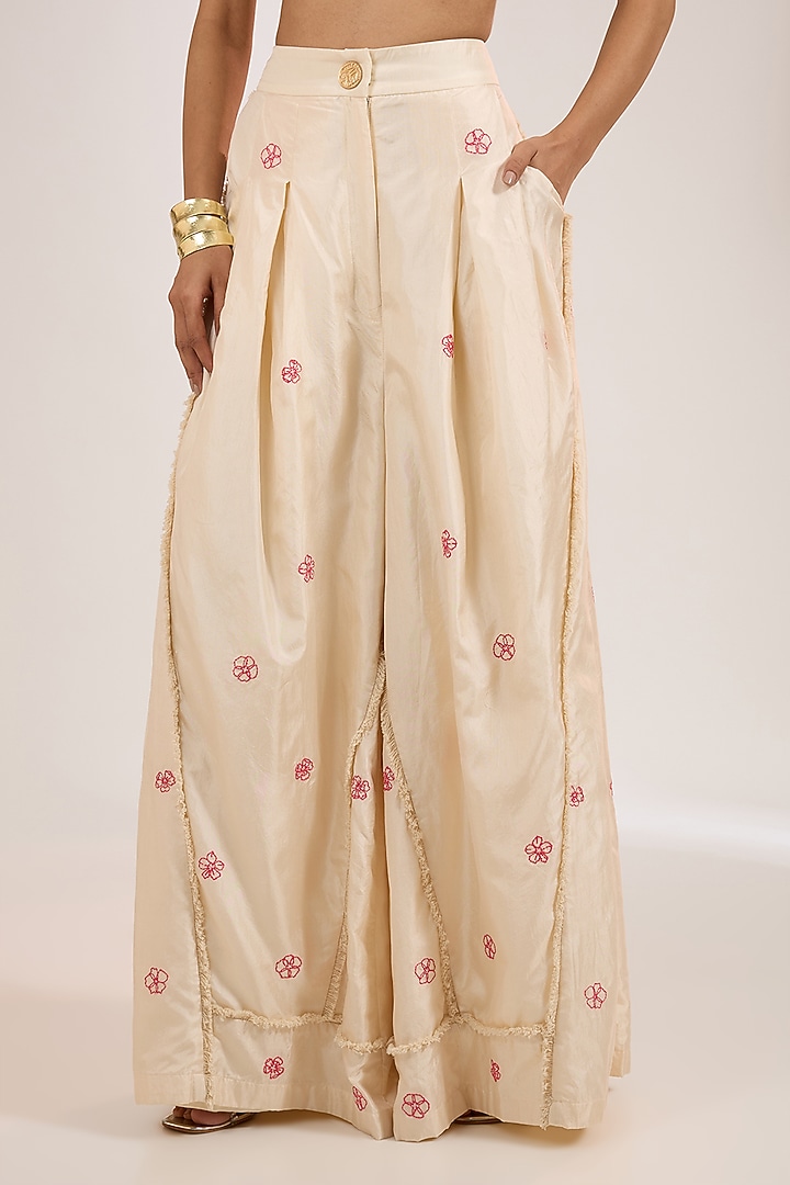 Ivory Handwoven Silk Hand Embroidered Pant Set by The Little Black Bow at Pernia's Pop Up Shop
