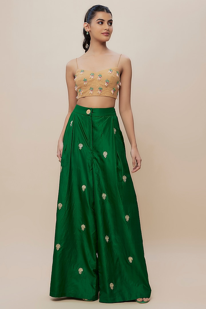 Green Silk Embroidered Trouser Set by The Little Black Bow at Pernia's Pop Up Shop