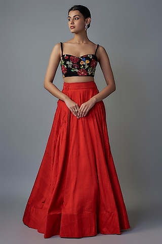Red Raw Silk & Velvet Skirt Set by The little black bow