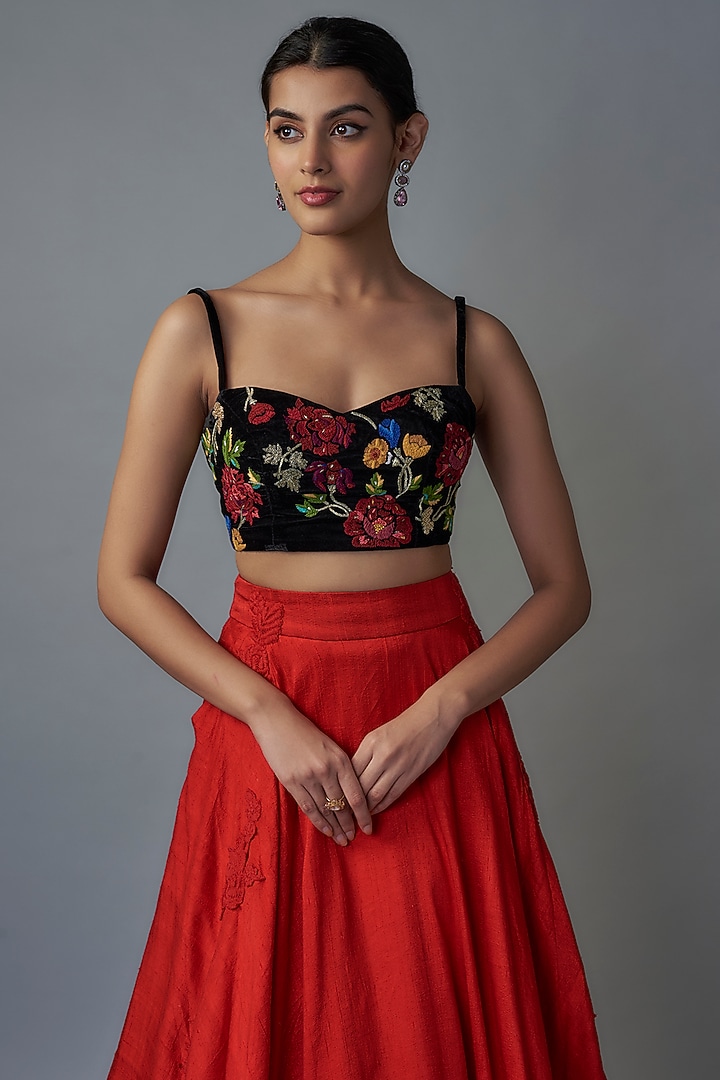 Red Raw Silk & Velvet Skirt Set by The little black bow at Pernia's Pop Up Shop