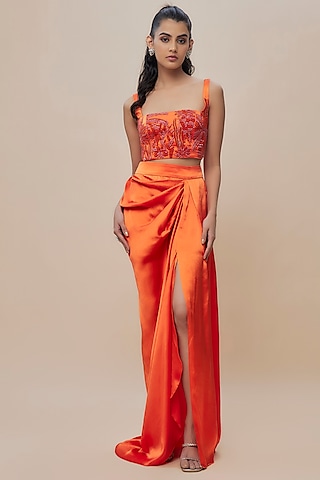 Orange Handwoven Silk Pleated Skirt Set by The Little Black Bow
