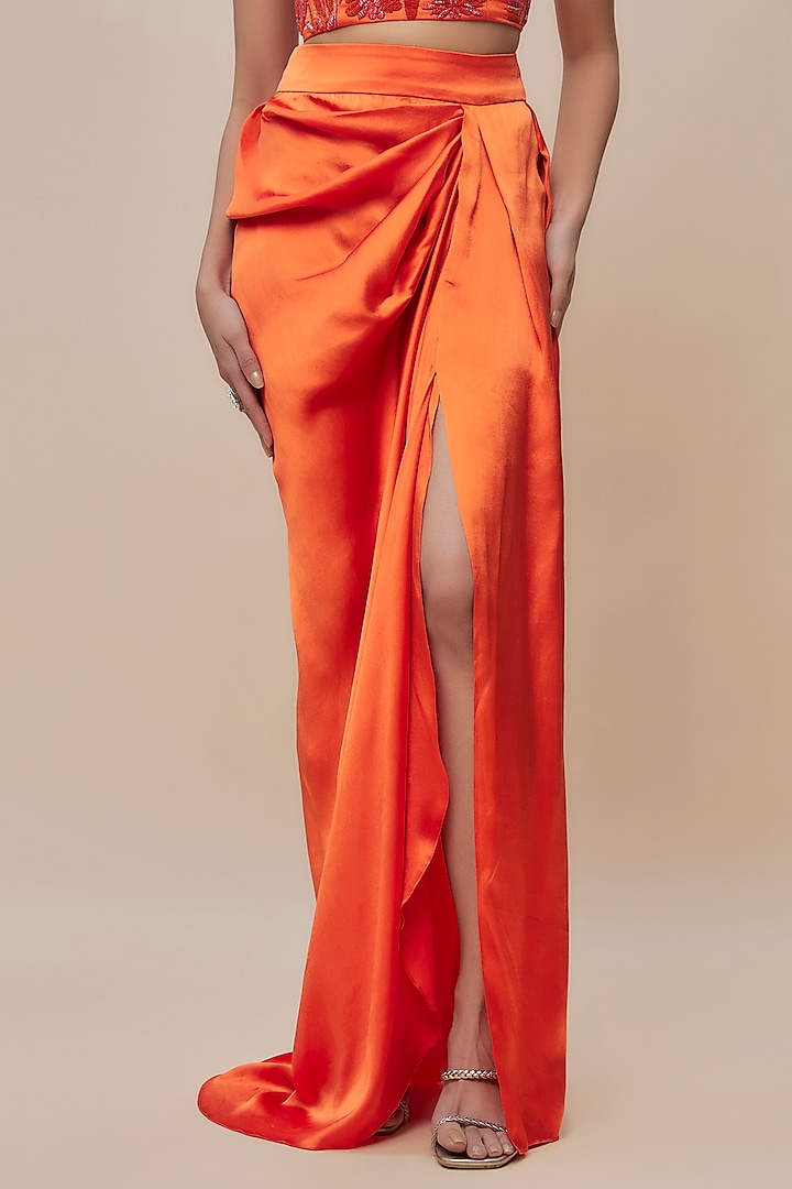 Orange Handwoven Silk Pleated Skirt Set by The Little Black Bow at Pernia's Pop Up Shop