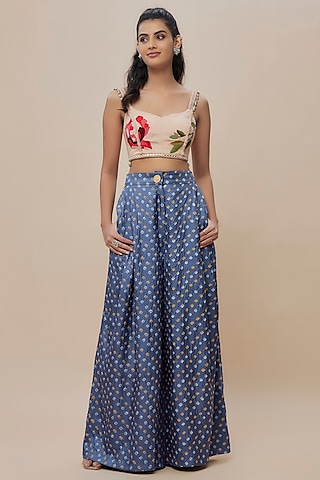 Blue Handwoven Silk Bandhani Trouser Set by The Little Black Bow