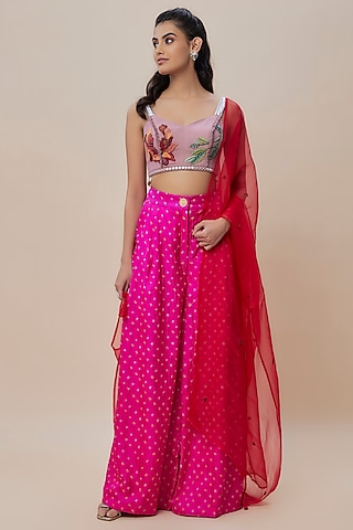 Pink Handwoven Silk Bandhani Hand-Dyed Trouser Set by The Little Black Bow