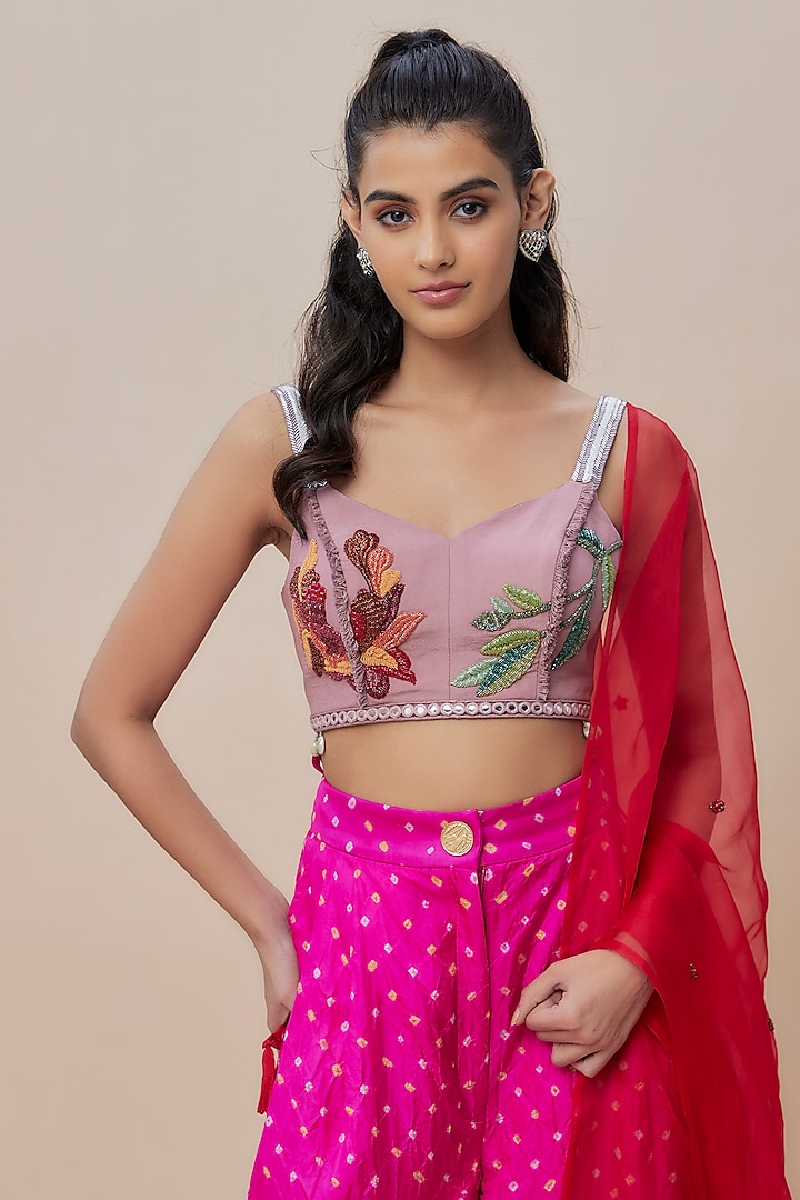 Pink Handwoven Silk Bandhani Hand-Dyed Trouser Set by The Little Black Bow at Pernia's Pop Up Shop