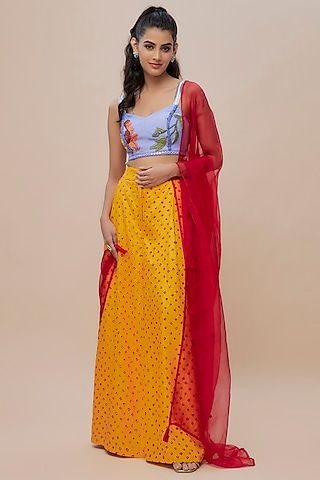 Yellow Handwoven Bandhani Silk Lehenga Set by The Little Black Bow
