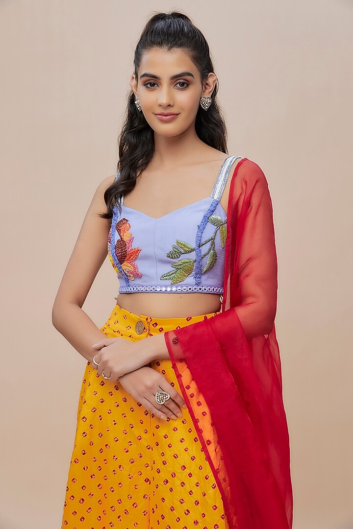 Yellow Handwoven Bandhani Silk Wedding Lehenga Set by The Little Black Bow at Pernia's Pop Up Shop
