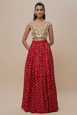 Red Handwoven Silk Bandhani Lehenga Set by The Little Black Bow