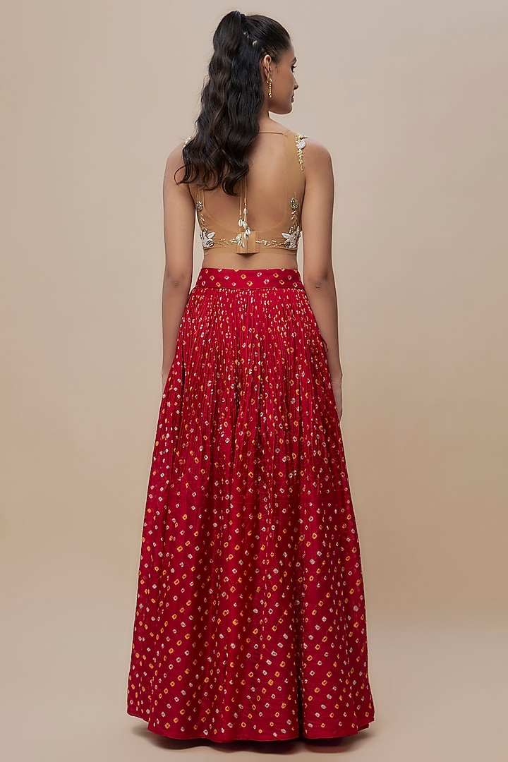 Red Handwoven Silk Bandhani Wedding Lehenga Set by The Little Black Bow at Pernia's Pop Up Shop