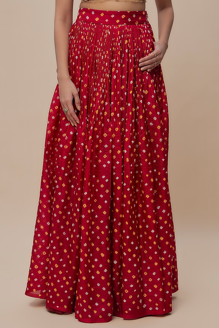 Red Handwoven Silk Bandhani Wedding Lehenga Set by The Little Black Bow at Pernia's Pop Up Shop
