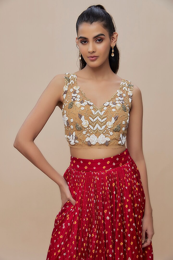 Red Handwoven Silk Bandhani Wedding Lehenga Set by The Little Black Bow at Pernia's Pop Up Shop